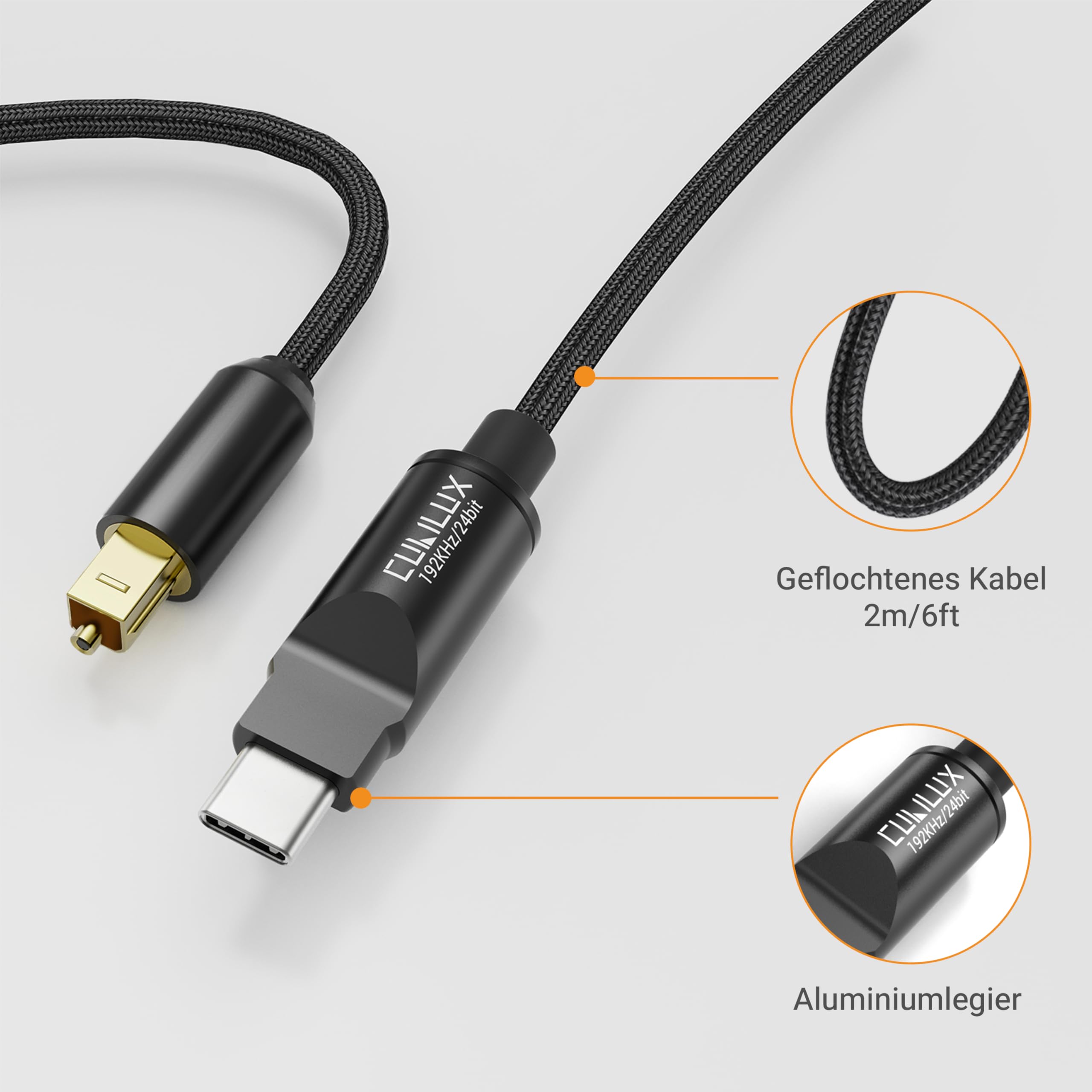 Cubilux USB C auf TOSLINK optisches Audiokabel, unidirektionaler Type C auf SPDIF S/PDIF Transmitter für Computer, MacBook und PS5, 6,6 Fuß