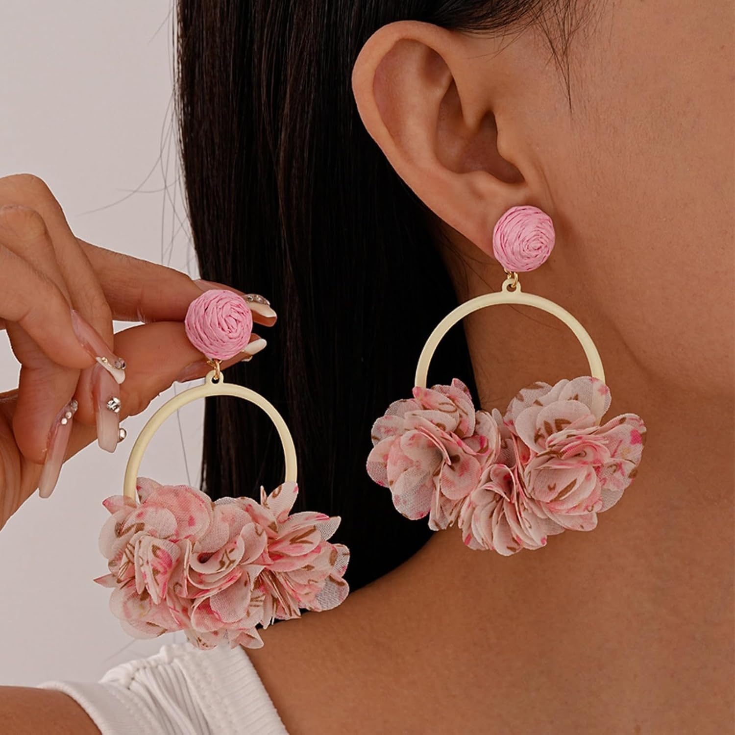 Fabric Flower Dangle Earrings for Women Exaggerated Boho Colorful Petal Earrings Vintage Camellia Earrings Fashion Simple Party Jewelry - Image 2