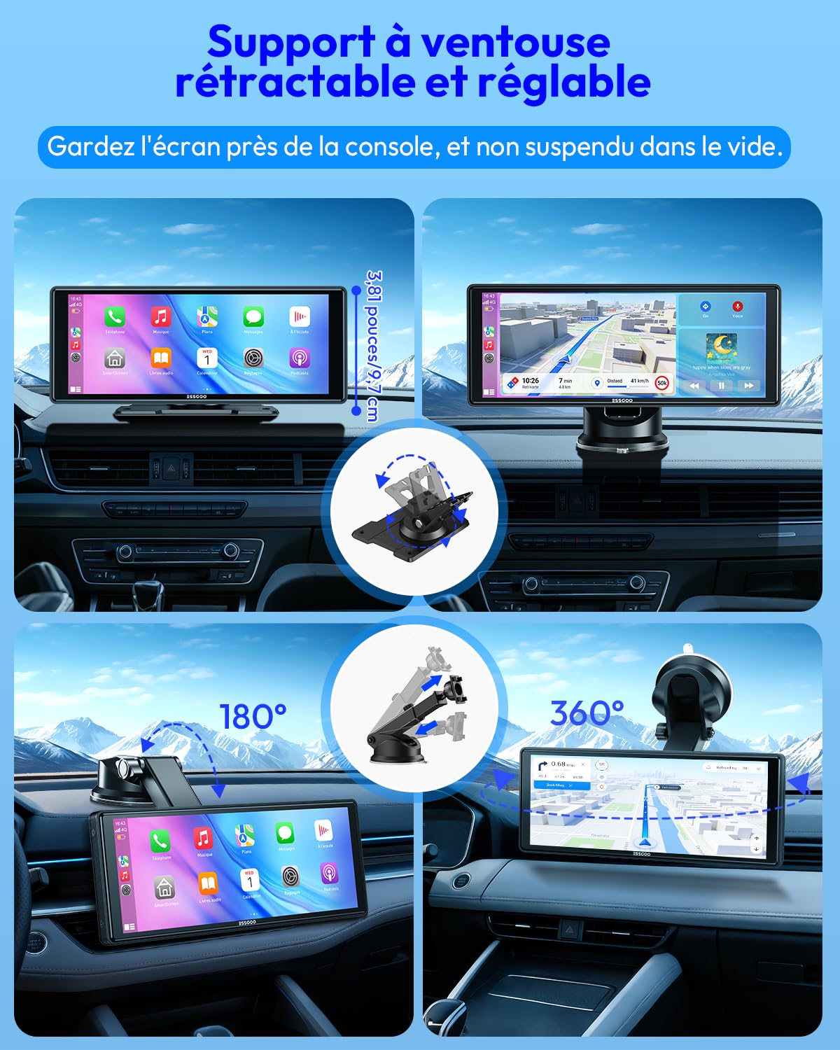 ESSGOO Écran Carplay Voiture, Supporte A-pple Carplay sans Fil et Android Auto, Écran Tactile IPS de 10.26 Pouces avec Capteur de Lumière, Prend en Charge Mirror Link, Assistants G-oogle et Siri
