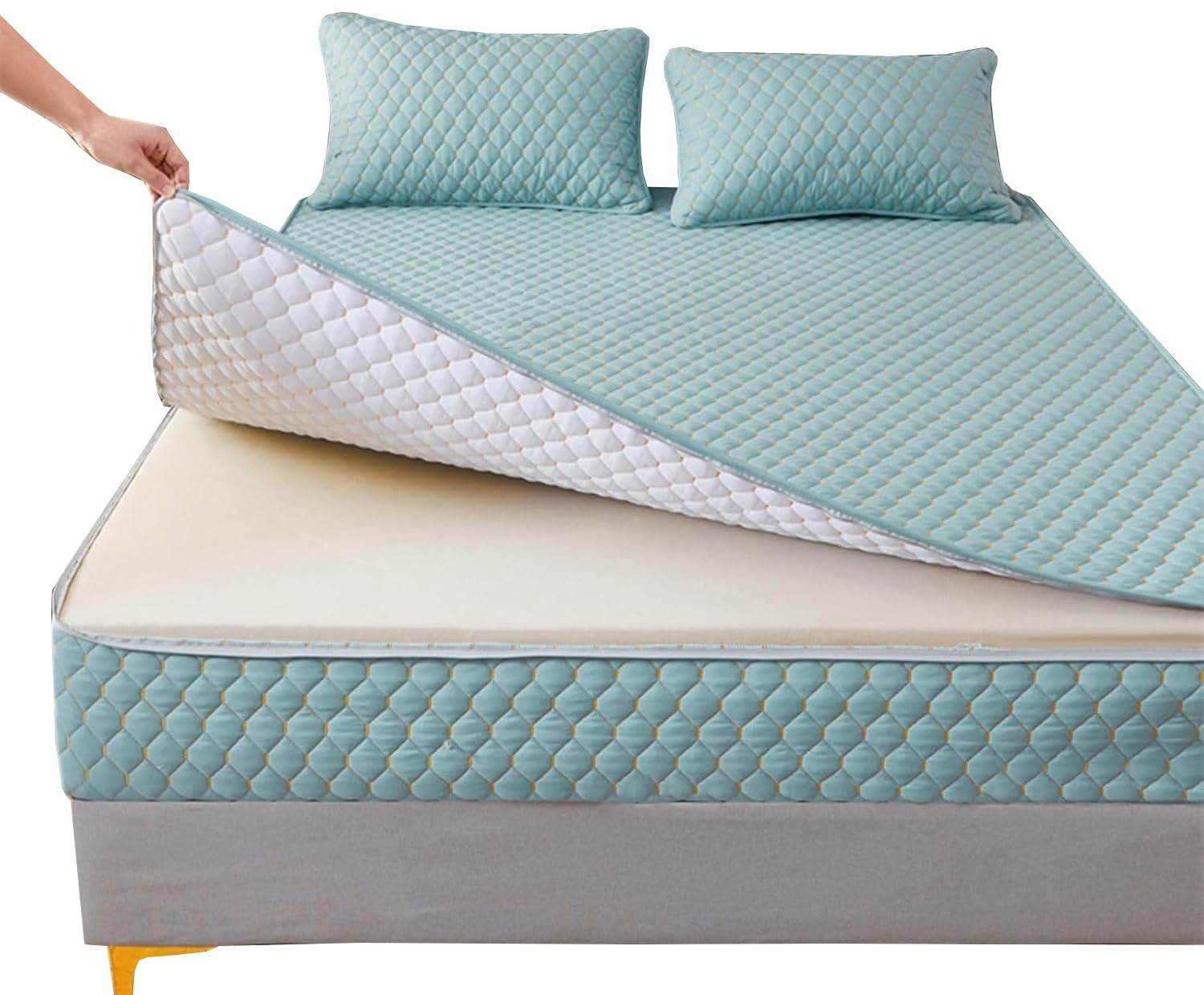 AQIGR Quilted Mattress Covers Double Bed Zipped, Microfiber Quilted Bed Sheet King/Single/Small Double Size Bed,12-35cm Extra Deep Mattress Protector Cover(Lake Blue,200x200+25cm)