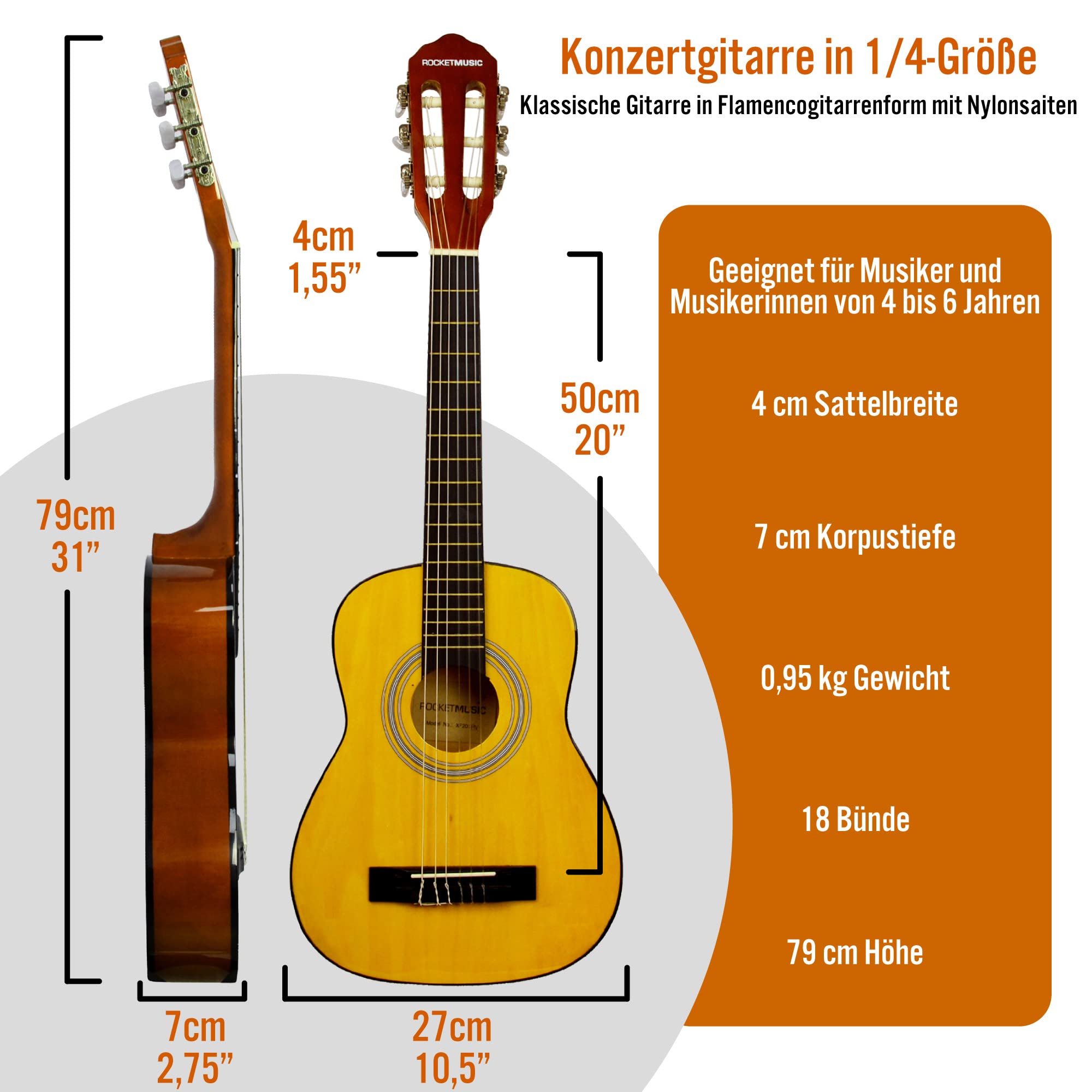 3rd Avenue XF 1/4 Flamencogitarren-Starterset in Junior-Größe für Kinder, Konzertgitarre mit Nylonsaiten, mit Gigbag, Kapodaster und Plektren – in Natur