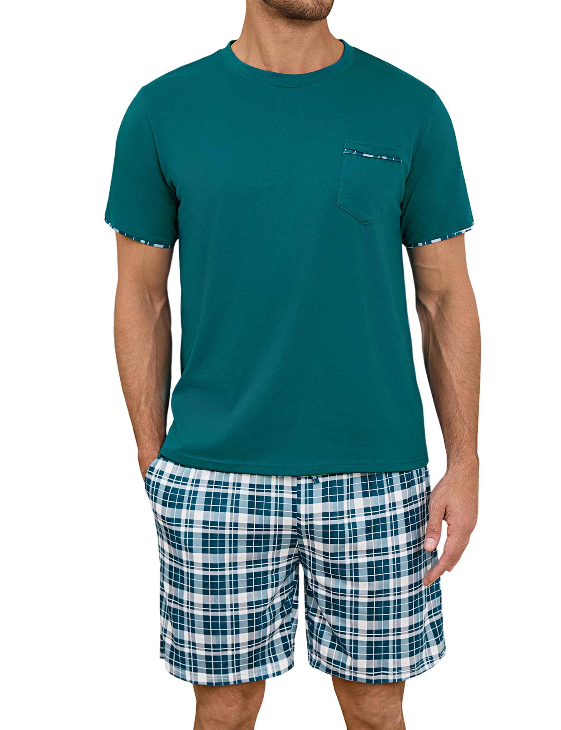 Leversic Schlafanzüge für Herren Kurz Baumwolle Sommer Nachtwäsche mit Karierte Ziermanschetten, Zweiteiliger Men's Pyjama Sets