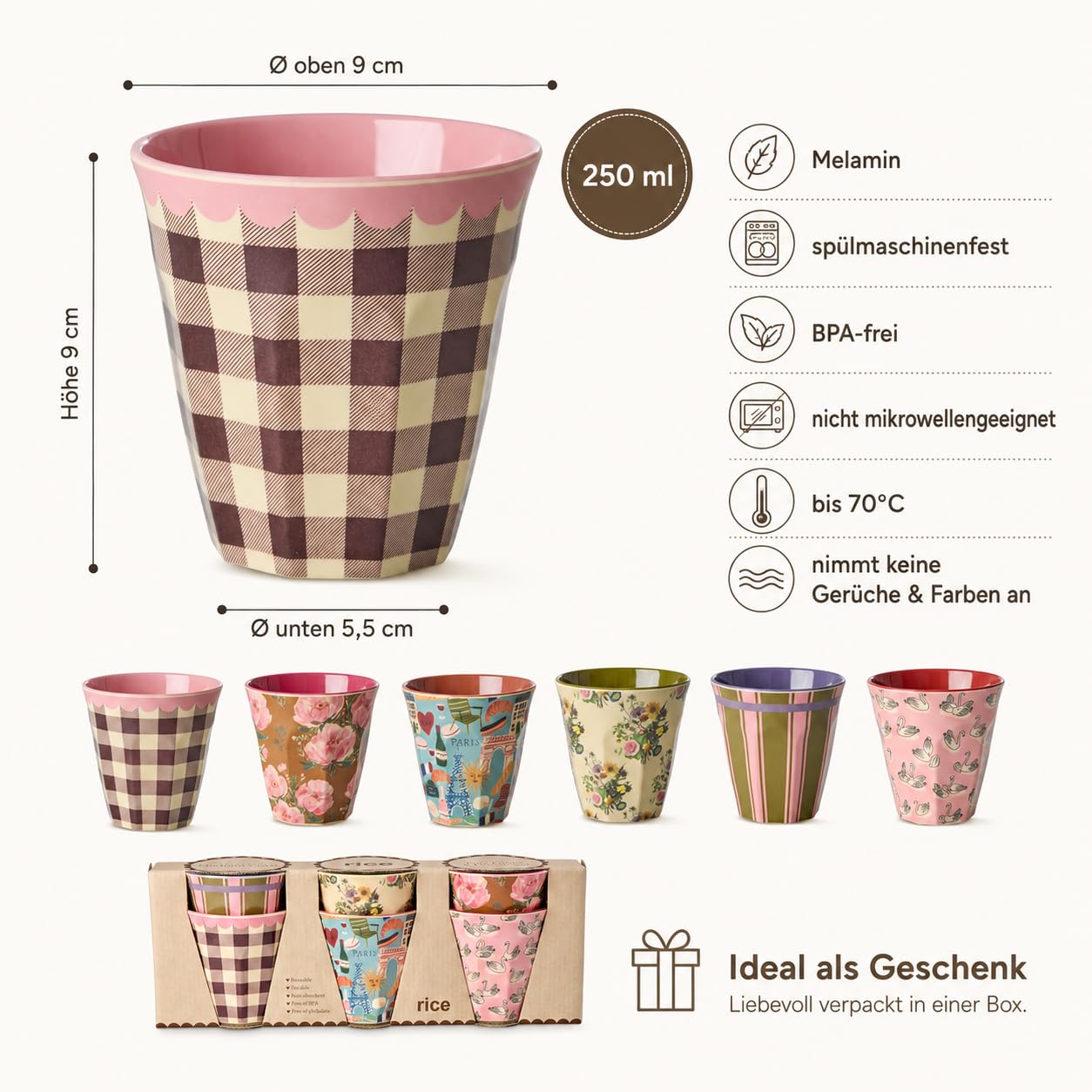ReWu RICE Melaminbecher 6er Set Bon Vivant Design, 250 ml, bunt