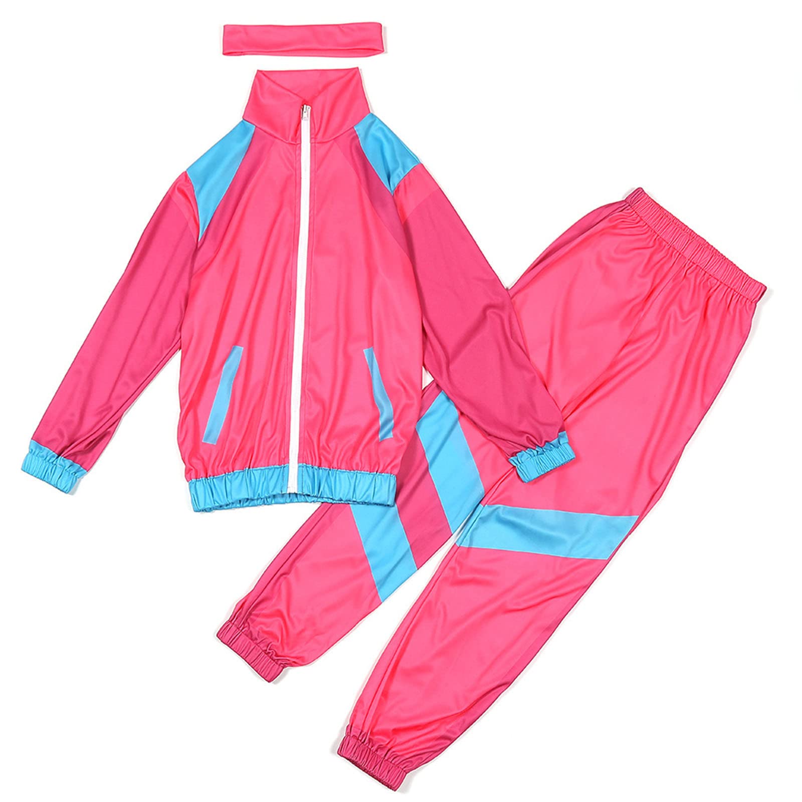 Tracksuit Fancy Dress Costumes Children's Retro 80s 90s Outfit - Jacket & Trousers in Vintage Style as a Complete Costume for Carnival, Theme Party & Retro Events, Pink-b, 12-14 Jahre