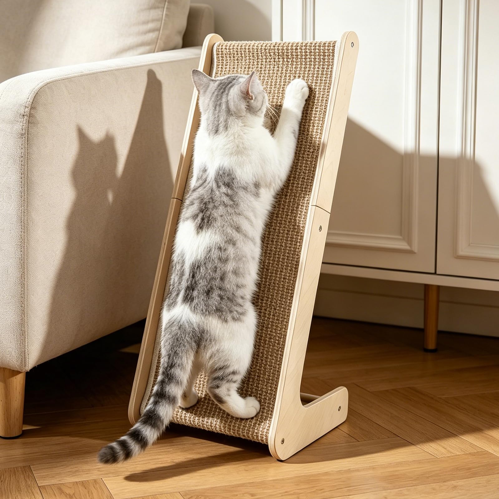 Griffoir pour Chat, Griffoir Incliné en Bois Naturel avec Revêtement Sisal, Griffoir Chat Anti Griffe Canapé, Grattoir Stable pour Chats d’Intérieur, Protège Meubles et Favorise l’Activité Physique