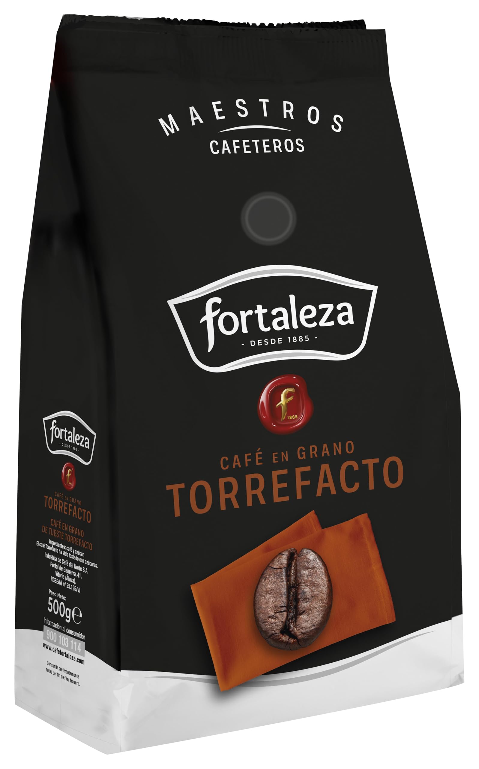 CAFÉ FORTALEZA Café en Grano Torrefacto 500g x 6 - Total 3KG - Cafés Robustas torrefactados. Sabor pleno y regusto intenso, con matices caramelizados, gran cuerpo y cremosidad. Color oscuro en taza.