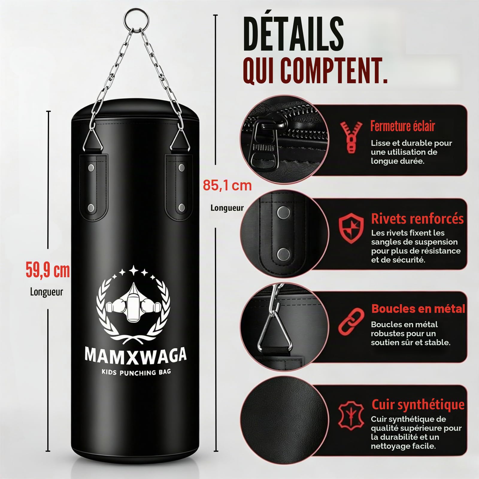 Enfants Sac de Frappe Suspendu Non-Rempli, 2 FT Lourd Sac de Boxe avec Gants de Boxe 6oz, Set de Boxing du Junior pour 3-12 Ans