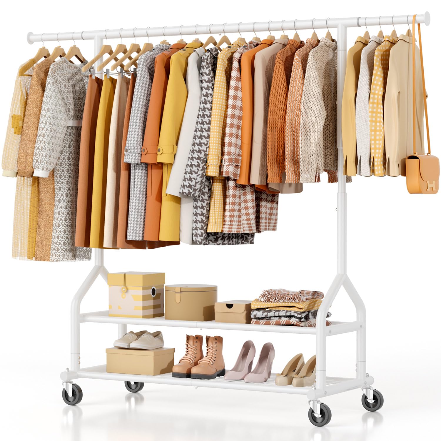 EAGMAK Heavy Duty Clothes Rail, Clothing Rail With Shelves Load 252 KG, Freestanding Hanging Rails for Clothes, Adjustable Metal Clothing Hanger with Wheels, Portable Coat Rack for Bedroom (White)