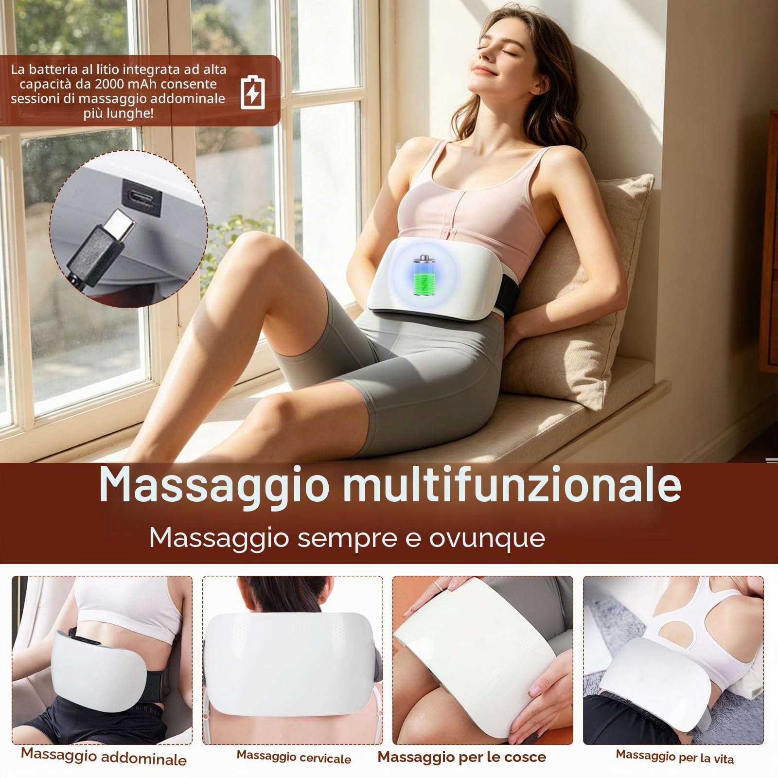 Massaggiatore Addominale, Dispositivo di Massaggio Ricaricabile da 2000 mAh con 2 Dischi e Testine Massaggianti in Pietra Bian Massaggiatore con 3 Livelli di Intensità per Addome Vita Fianchi e Gambe