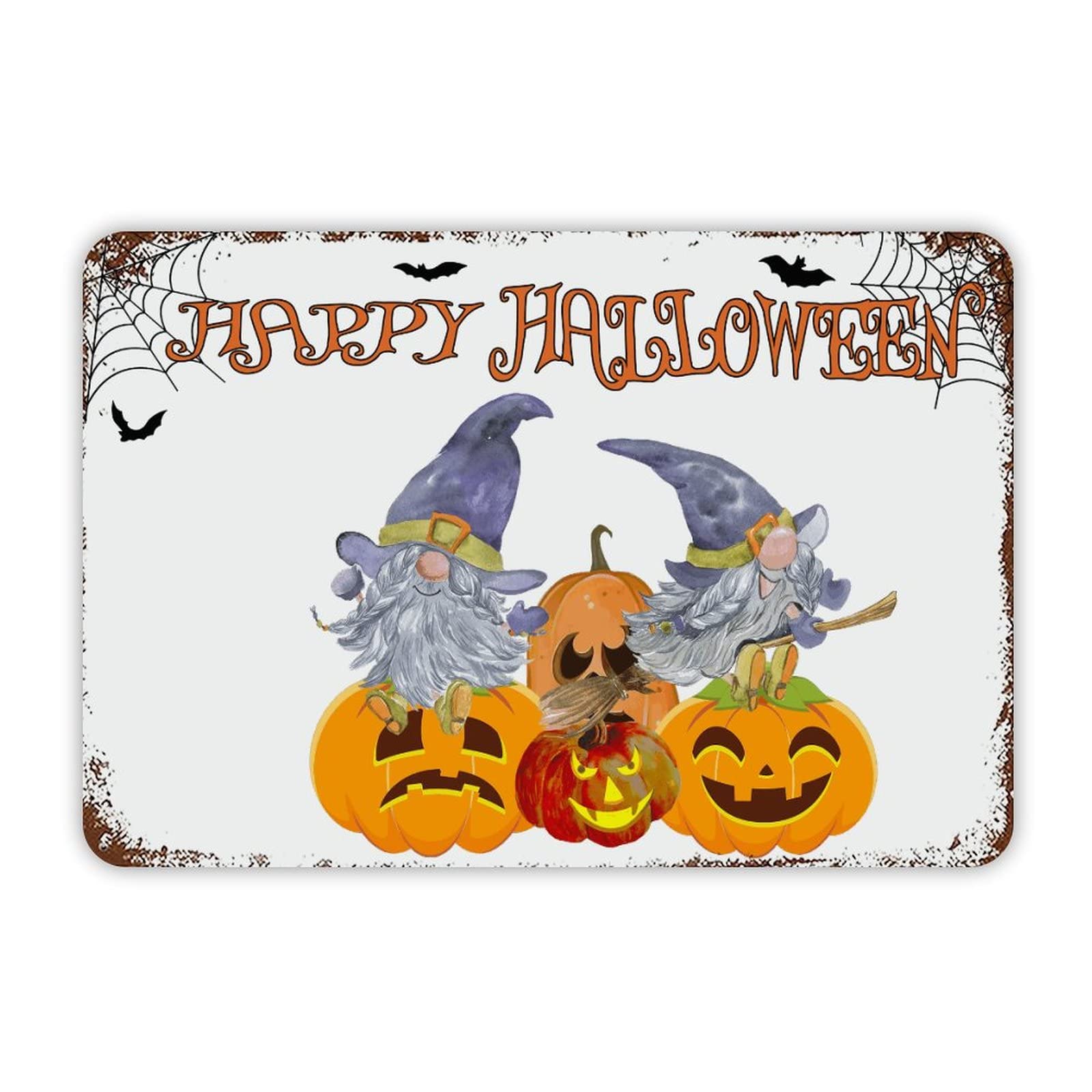 ENEDNATE Happy Halloween Gnome Pumpkins Aluminum Tin Metal Sign for Indoor Outdoor Business Retail Store Patio Yard Home Decoration Easy to Mount Wall Art Print Poster 8x12 Inch
