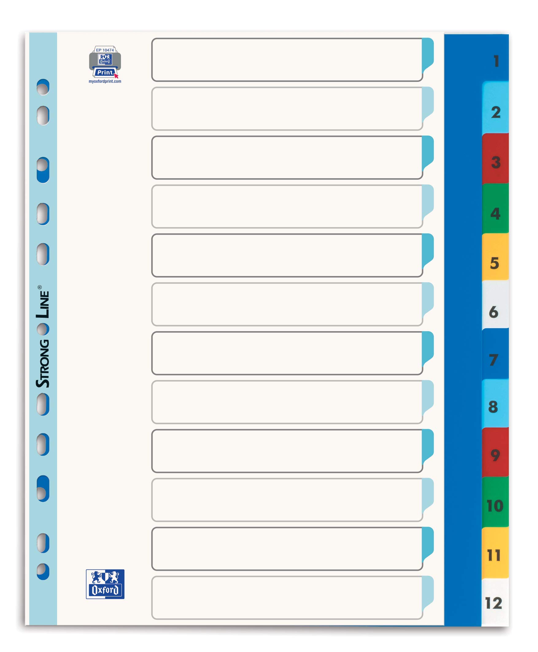 Oxford Kunststoff- Register "Strong Line", DIN A4 XL, 1-12, 6-farbig, 25er Pack
