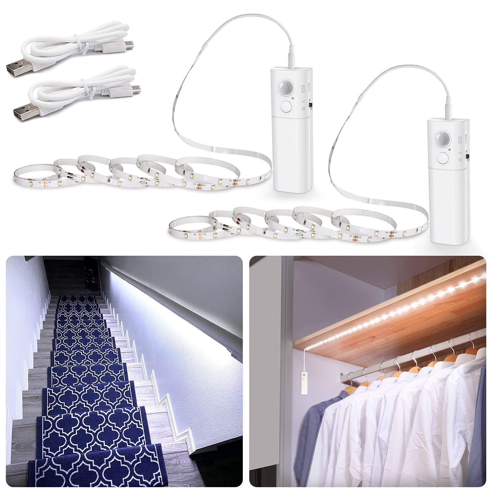 WOBANE Wardrobe Light Motion Activated, Battery Operated 2x2m LED Strip Lights, Rechargeable Motion Sensor LED Strip for Closet, Stair, Pantry, Counter, Cabinet, Bed, 6000K White, 2 Pack โ image 1
