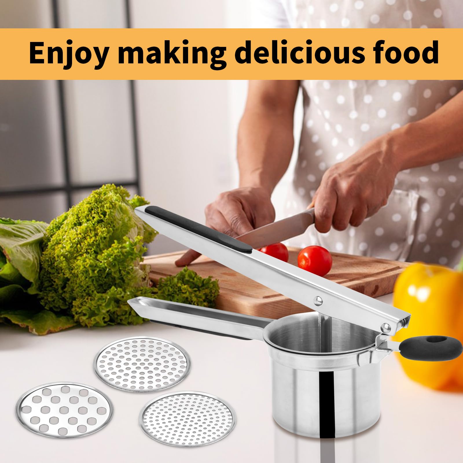 Prensador de patatas grande de 15 onzas con 3 discos intercambiables, de acero inoxidable resistente para puré de patatas, herramienta de cocina con mango ergonómico, máquina de spaetzle