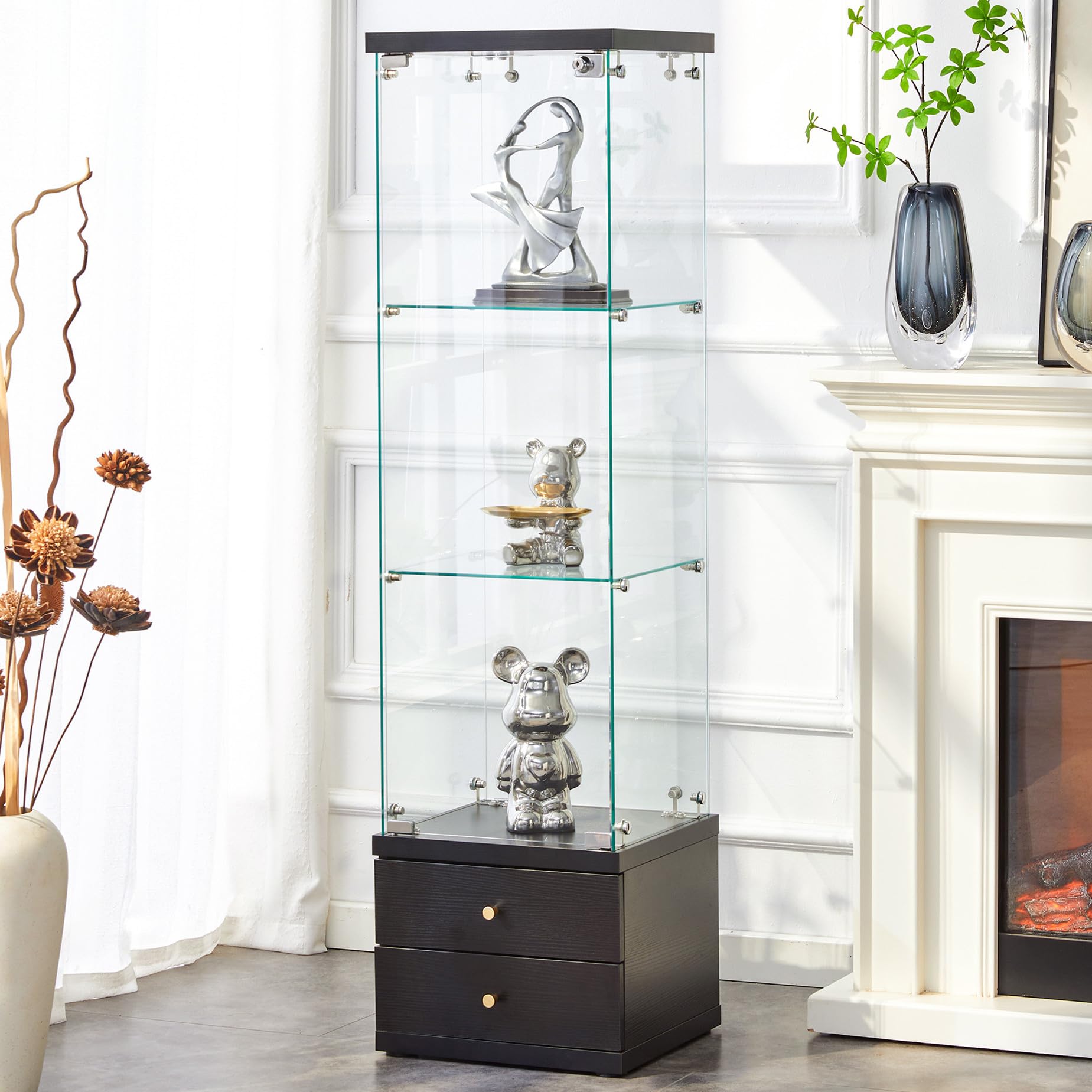 Modern Glass Display Cabinet 3-Shelf Curio Cabinets with 2 Storage Drawers,Tempered Glass Collection Display Showcase for Living Room Home Office,Black