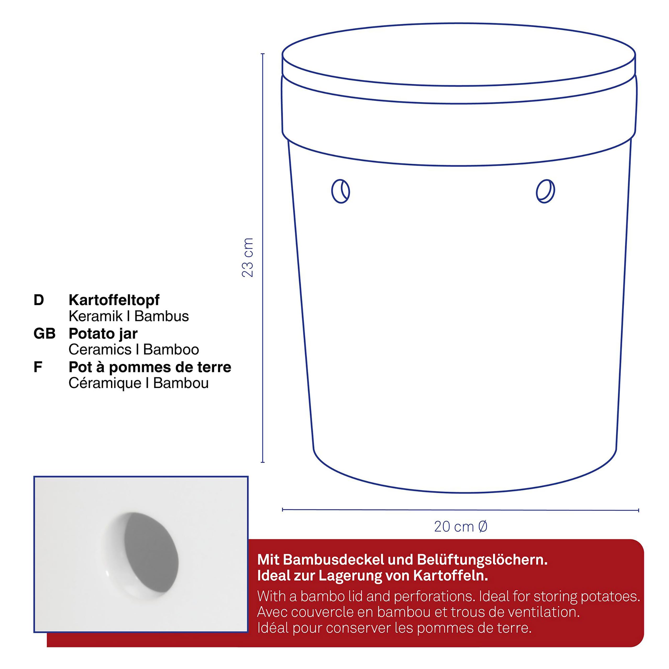 kela Kartoffeltopf Salena, Durchmesser 20 cm, Keramik, weiß, rund, abnehmbarer Bambusdeckel, seitliche Luftlöcher, 12068