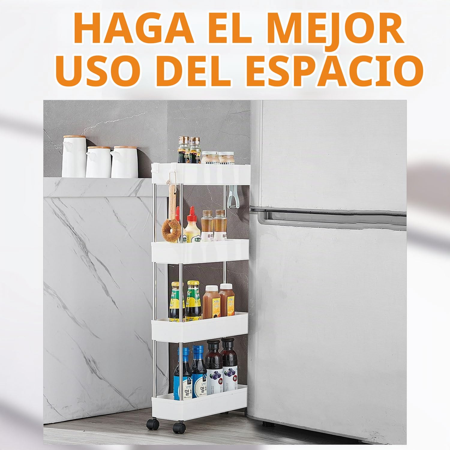 Carrito Auxiliar con Ruedas Cocina, Carro de Almacenamiento Rodante de 4 Niveles, Multifuncional Organizador Carrito Cocina para baño, lavadero, Espacio Estrecho, Plástico, 40 x 13 x 86 cm
