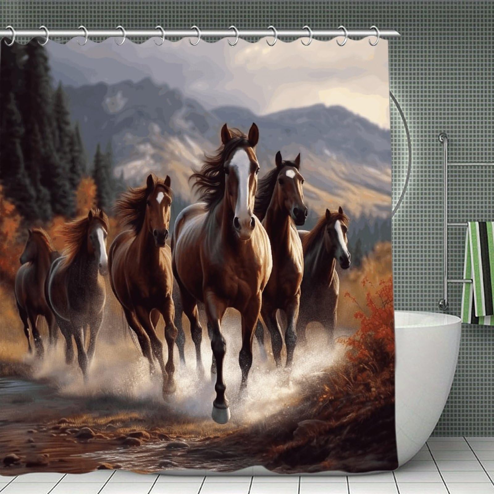 VstaDank Horses Shower Curtain Waterproof Bathroom Curtain with Hooks Luxury Weighted Bath Curtains for Bathtubs Showers Room Dividers Decorative Shower Curtains 71x71 in