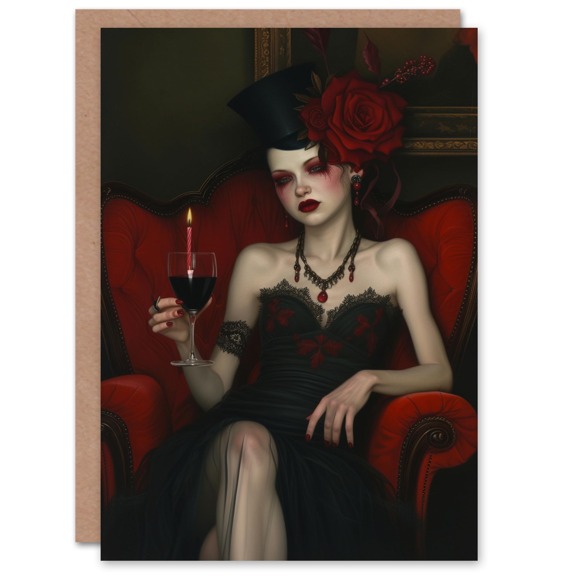 Artery8 Birthday Card Horror Goth Fashion Red Wine Lady Portrait For Her Gran Sister Niece Daughter Wife Woman Greeting Card