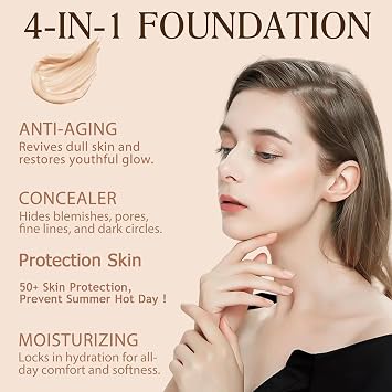 4 in 1 Color Changing Foundation with SPF 50 - Moisturizing Medium-Full Coverage Concealer, Medium Spectrum Foundation Cream, Long-Lasting Lightweight Makeup Liquid, Natural Look Cosmetics