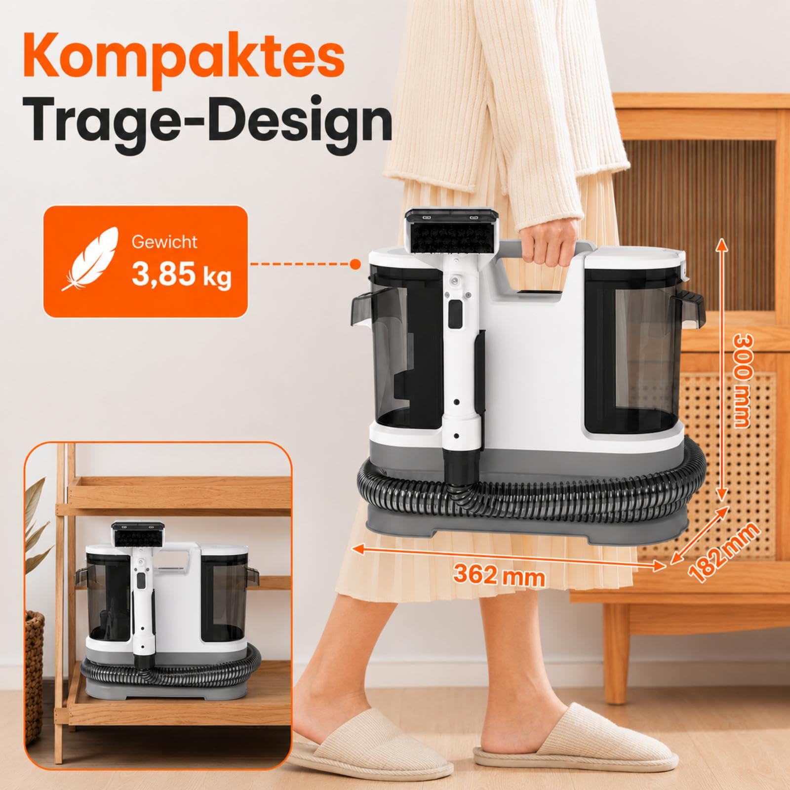 Polsterreiniger Gerät Nasssauger Waschsauger, 450W Waschsauger Teppichreiniger, 12Kpa Polsterreiniger Gerät Mit Tierhaarbürste für Sofa, Teppich, Polster Autositze und Treppen