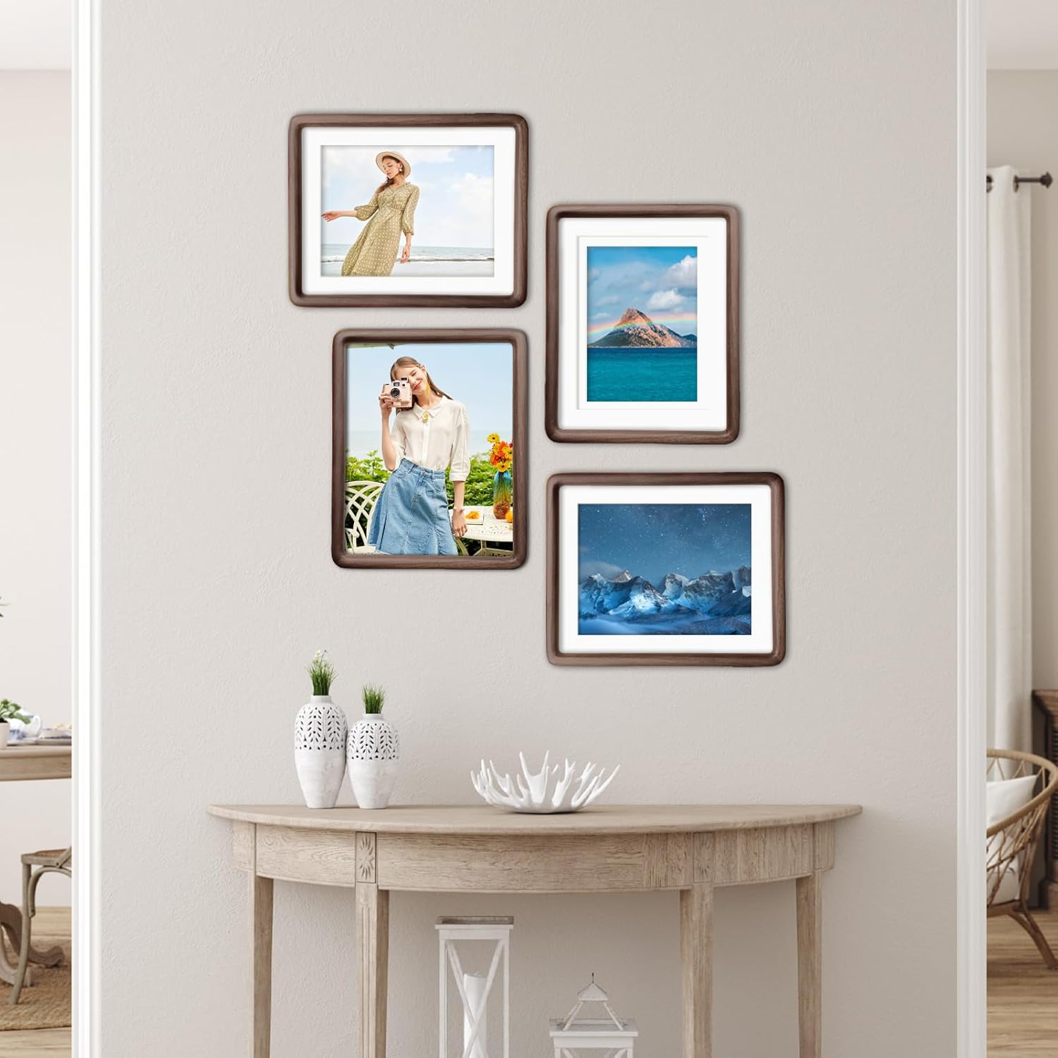 8x10 Natural Dark Walnut Solid Wood Picture Frames, Hand Make Crafted Original Wood Frame with Mat to 6x8,Rounded Edge Wooden Photo Frame, For TableTop and Wall Decoration