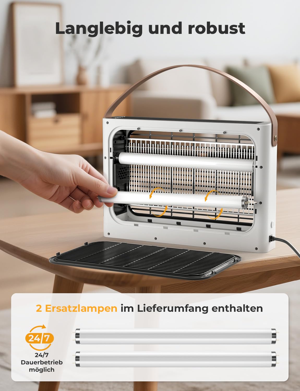 YISSVIC Elektrischer Insektenvernichter 4300V UV Mückenlampe 20W mit 2 Ersatzröhren PU-Griff 1,8-m-Kabel für den Innenbereich gegen Motten Mücken Fliegen