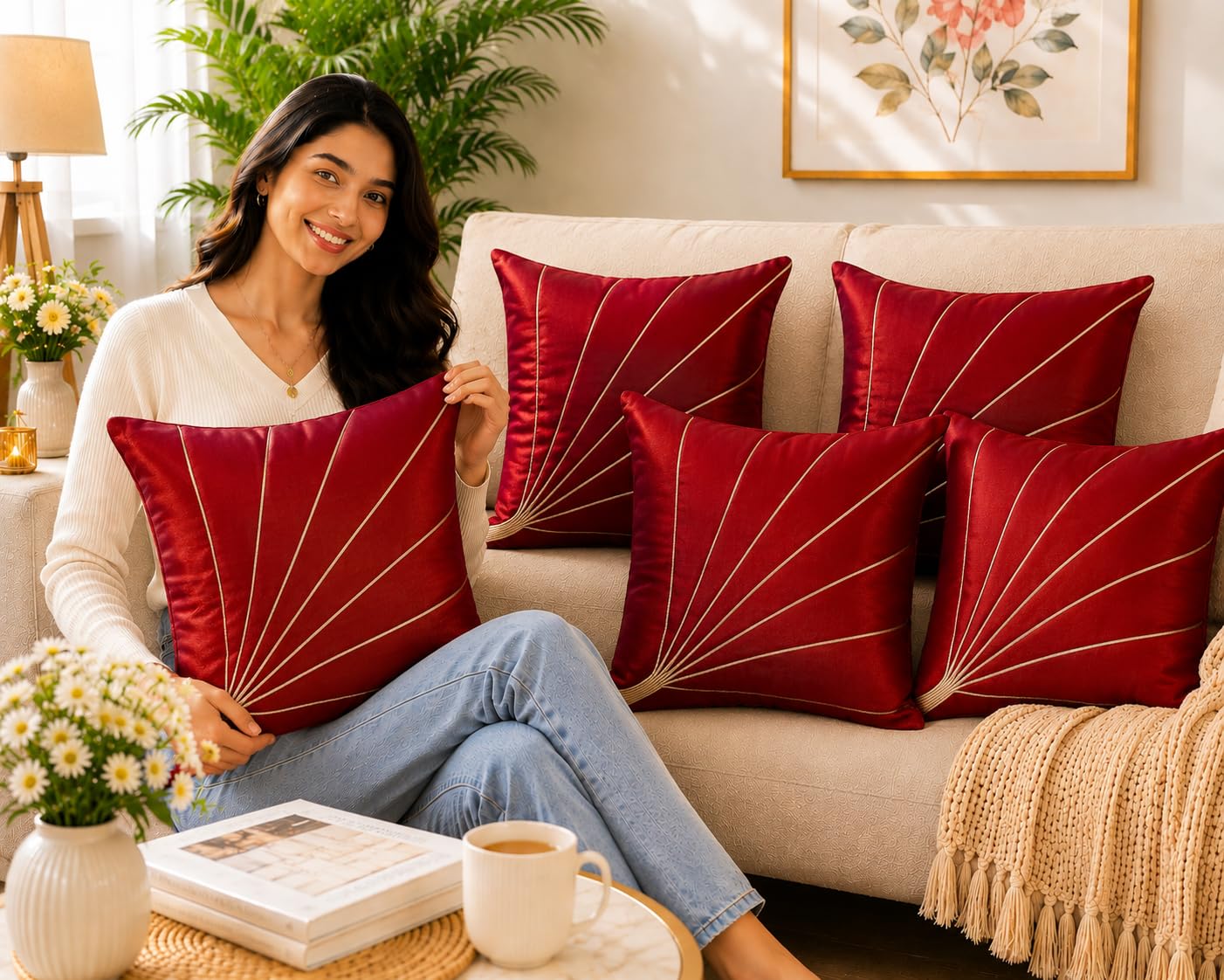 EMBROCO Cushion Cover Set Cushion Cover Set of 5 | Cushion Cover, Cushion Cover Set of 5, Sofa Cushion Covers (Red)