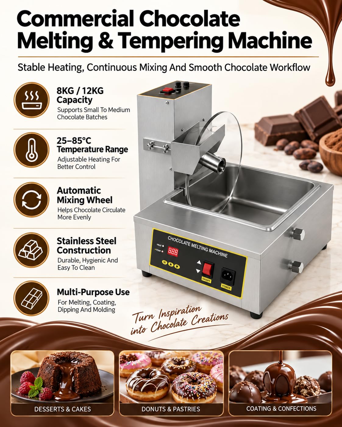 Máquina Comercial Templar Chocolate, Fundidor Mezclador Acero Inoxidable 8L