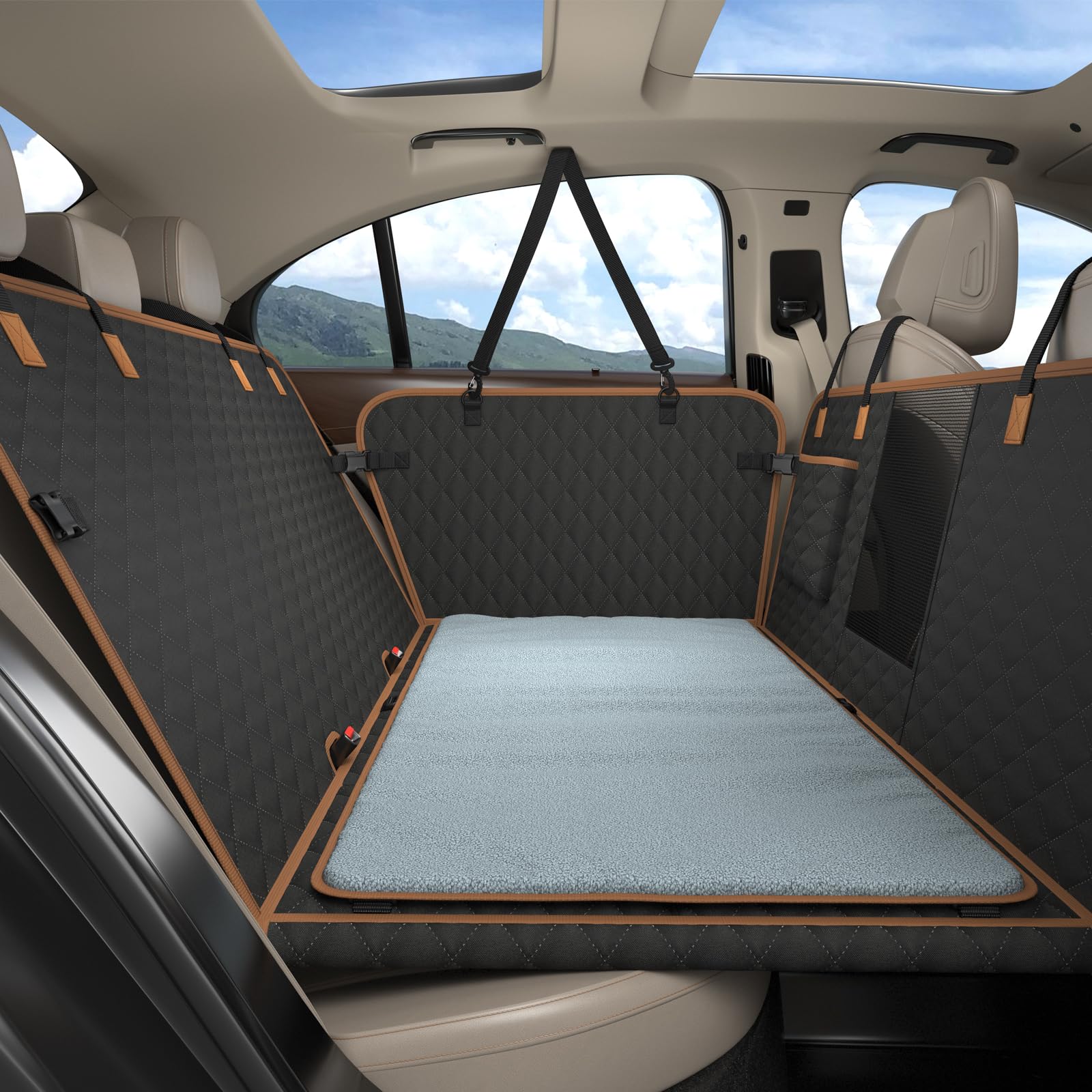 MyeMdan Coprisedile Auto per Cani e una Morbida Coperta, Impermeabile, Antigraffio, con 8 Robuste Tavole in Legno Duro Per la Maggior Parte Delle Auto, SUV, Nero