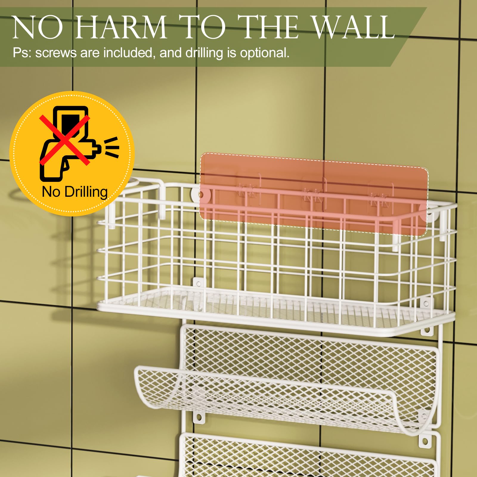 Soporte para secador de pelo montado en la pared, organizador de herramientas de peinado, cesta de alambre de almacenamiento de 4 estantes con gancho, estante seguro para alisadores de cabello