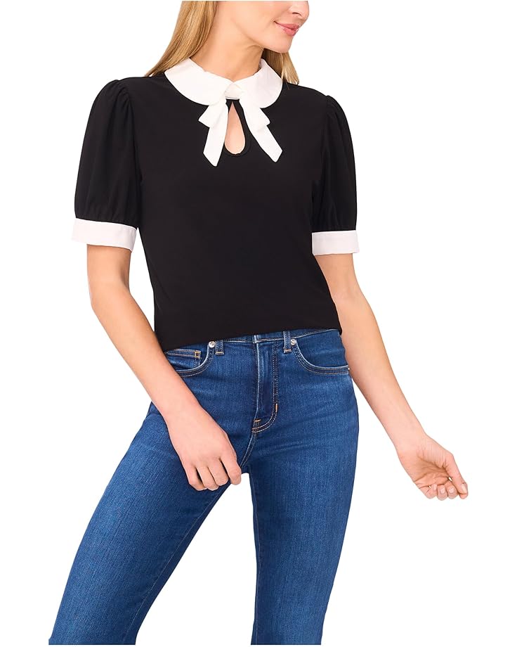 CeCe Puff Short Sleeve Contrast Collar & Bow Top - Main View