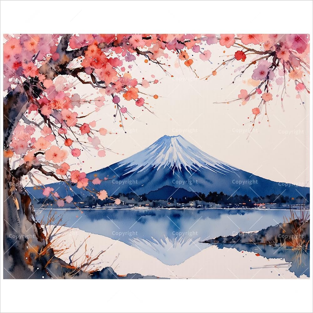 Japan Landscape Paint by Numbers Kit for Adults - DIY Mount Fuji and Cherry Blossoms Painting on Canvas 16x20In, Framed Acrylic Paint Set, Suitable for Beginners, Art for Home Decoration Gifts