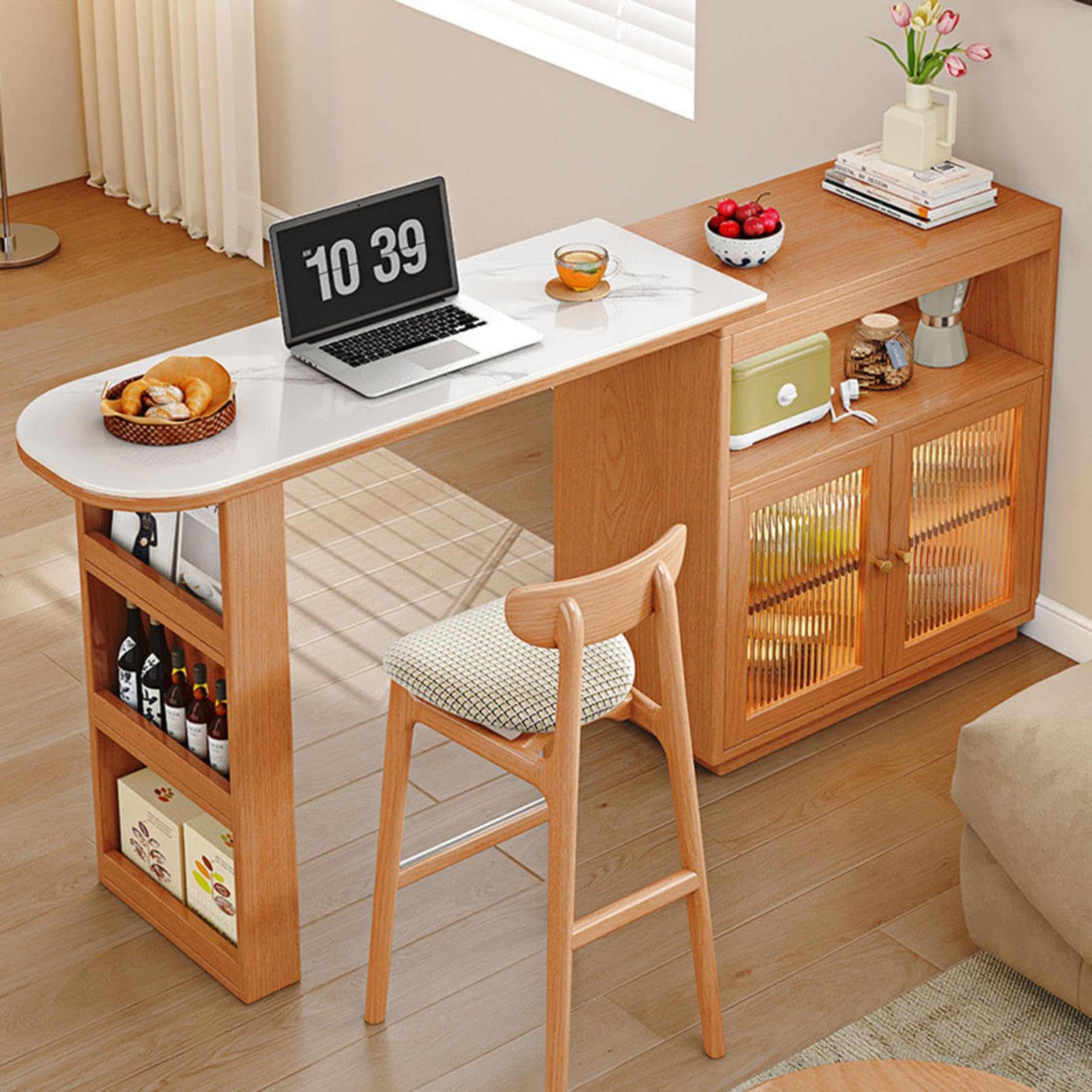 Ausziehbarer Bartisch Mit Stauraum 360° Drehbarer Stehtisch Kücheninsel Mit Glastür Türen 2 Offene Ablagefächer Beweglicher Bar Table für Esszimmer Küchen A,60CM