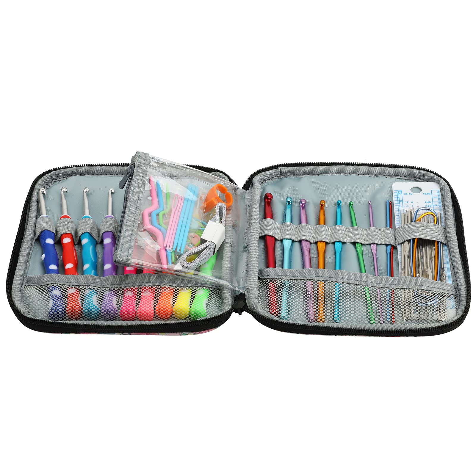 LOOEN Juego de agujas de ganchillo de aluminio de colores con estuche de almacenamiento, mango de goma, agarre cómodo, kit de manualidades para manualidades, 64 piezas