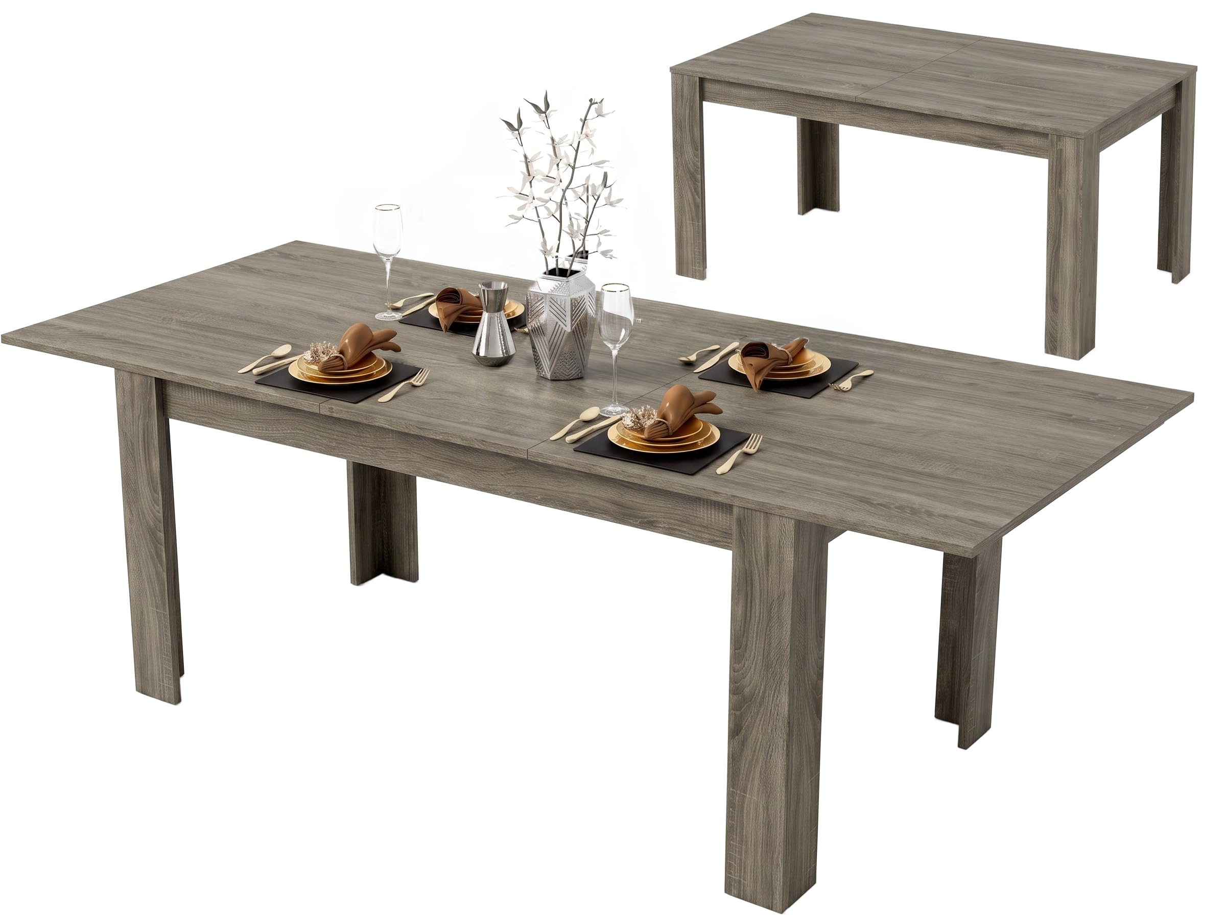 Blisswood Extendable Dining Table 170-220cm for 6-8 People, Large Wooden Effect Dining Table, Hidden Extension Leaf, Telescopic Slide Rail, Modern Kitchen & Dining Room Furniture, Grey Wood