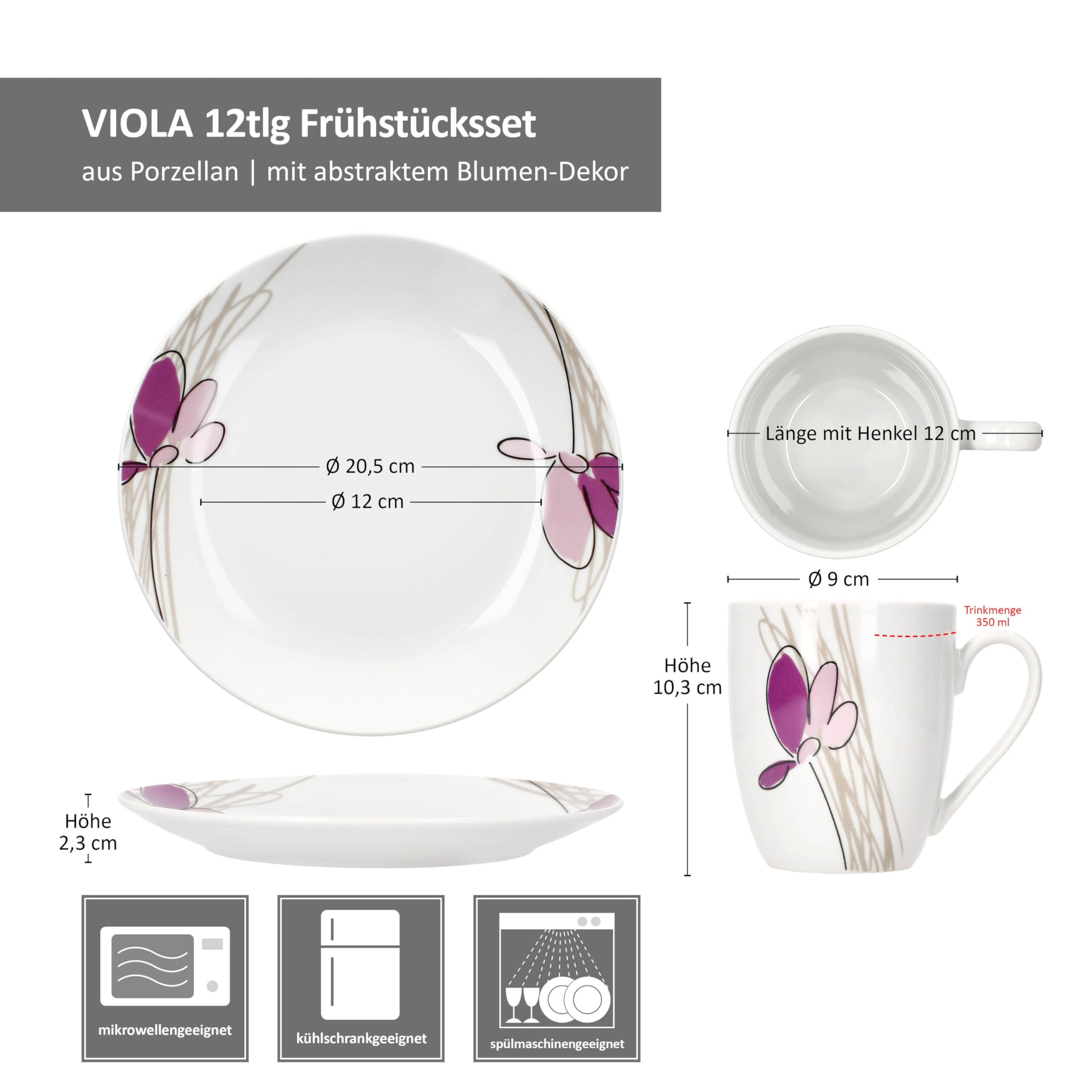 MamboCat Viola 12tlg Frühstücksset I 6x Kuchenteller & 6x Kaffeebecher 350 ml aus Porzellan I Weiß mit Blumen-Dekor in Violett I für 6 Personen I für Frühstück & Kaffee