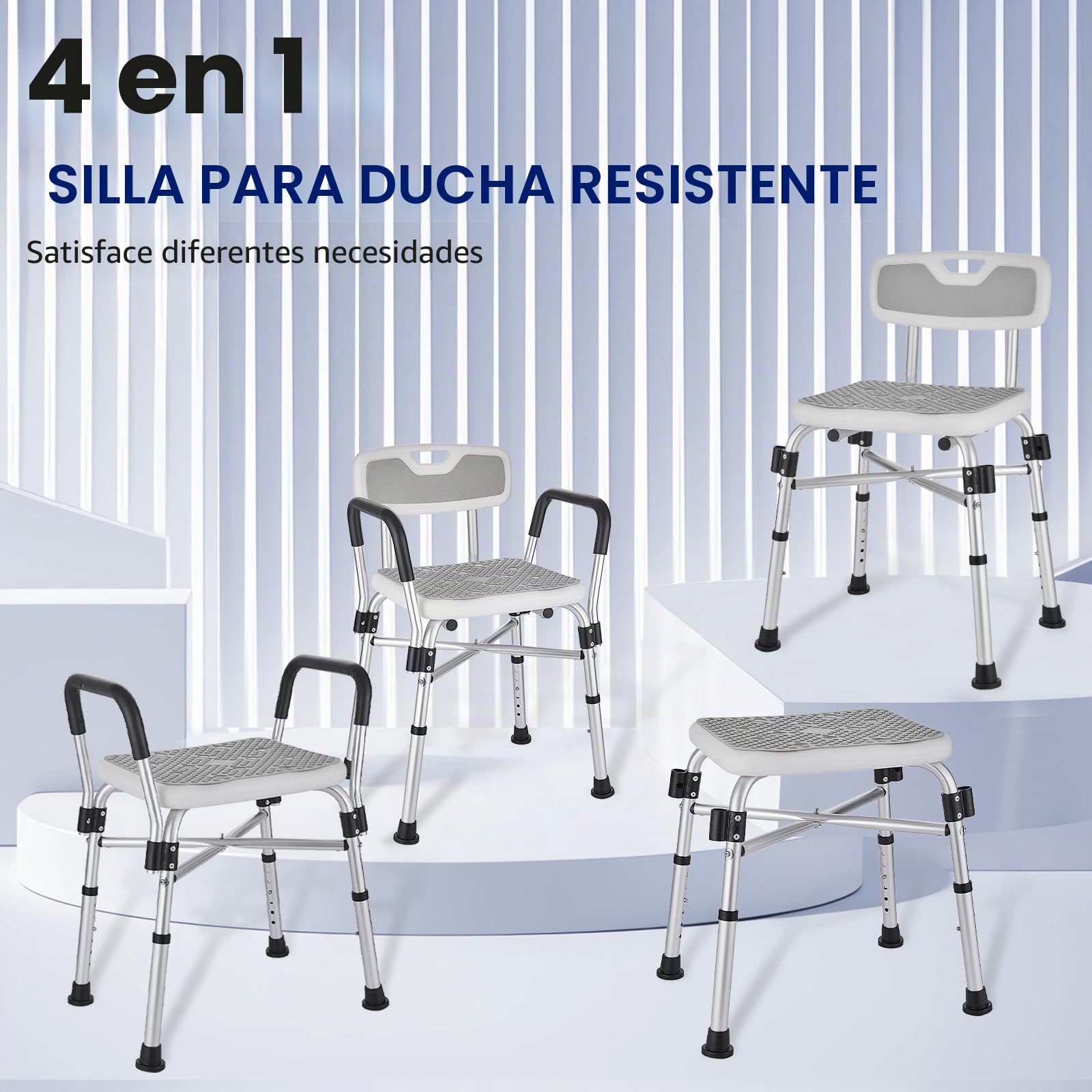 Silla de Ducha para Ducha con Brazos y Respaldo,Pesado Taburete de Ducha, 6 Altura Ajustable,Antideslizante, Silla Ducha para Personas Mayores y Discapacitadas Gris 180kg