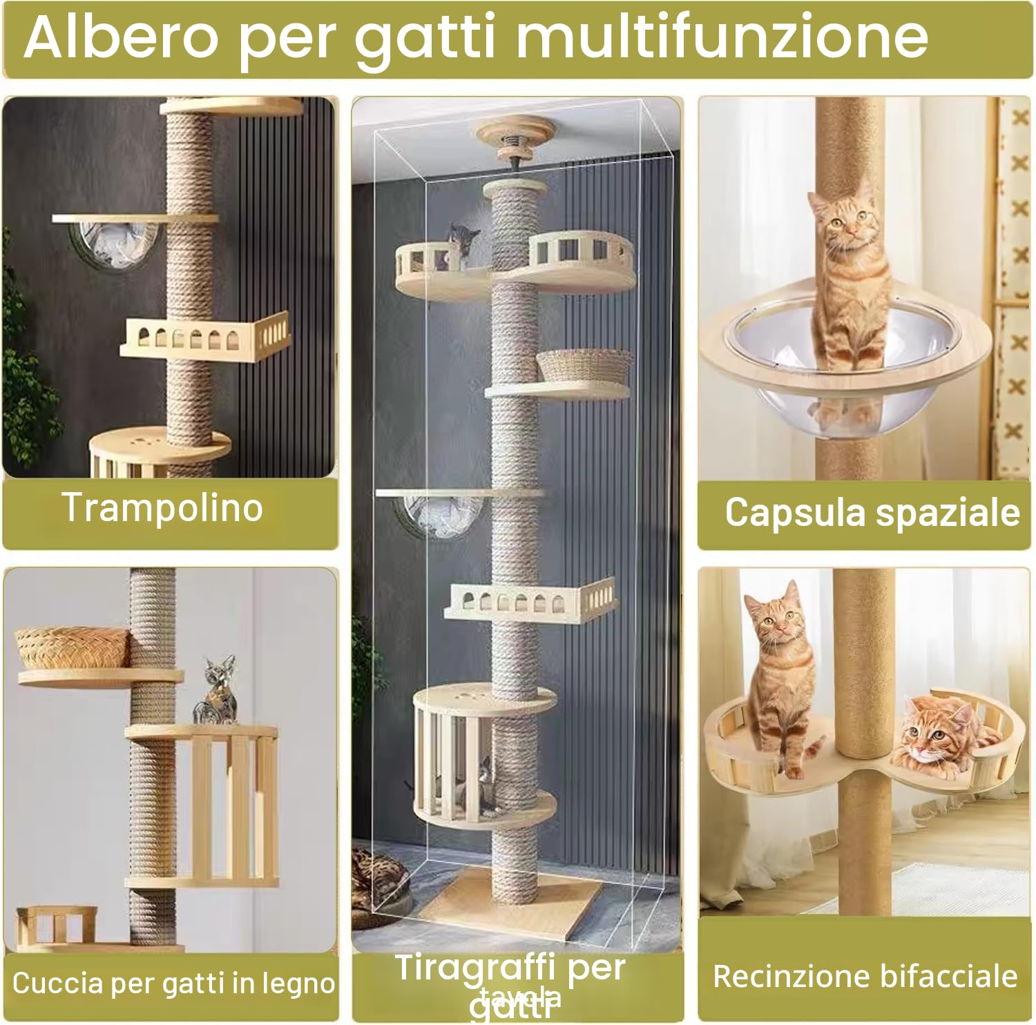Tiragraffi a soffitto, tiragraffi alto, capsula stanza, amaca per gatti, completamente avvolta in corda di sisal, capsula per stanza, gabbia per gatti (240~280 cm T03), altezza del soffitto