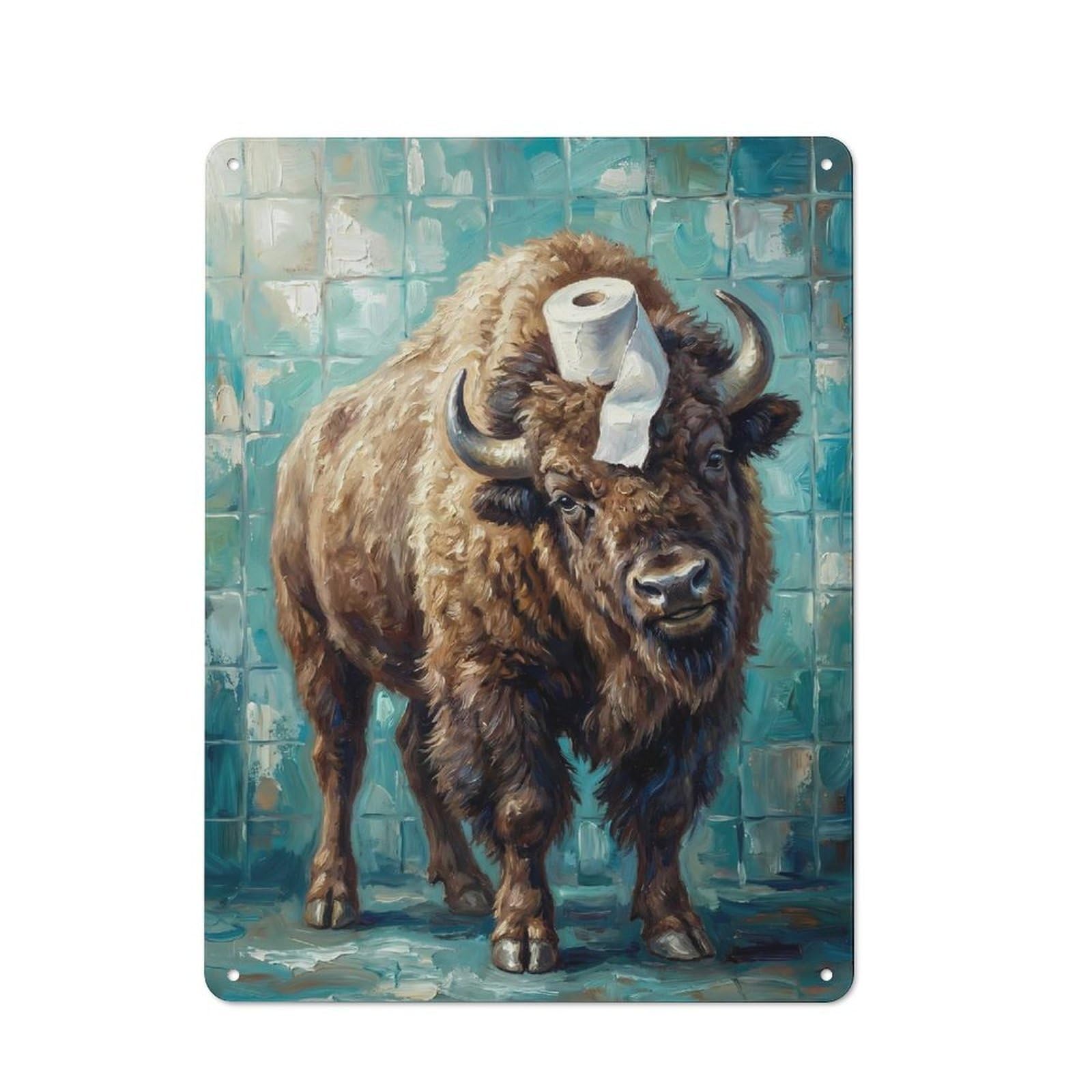 Junmoney Style-13 Country Style Bison With Toilet Paper Decorative Metal Sign 40X30cm, Bistro Wall Plaque For Restaurant, Kitchen, Counter Or Breakfast Nook