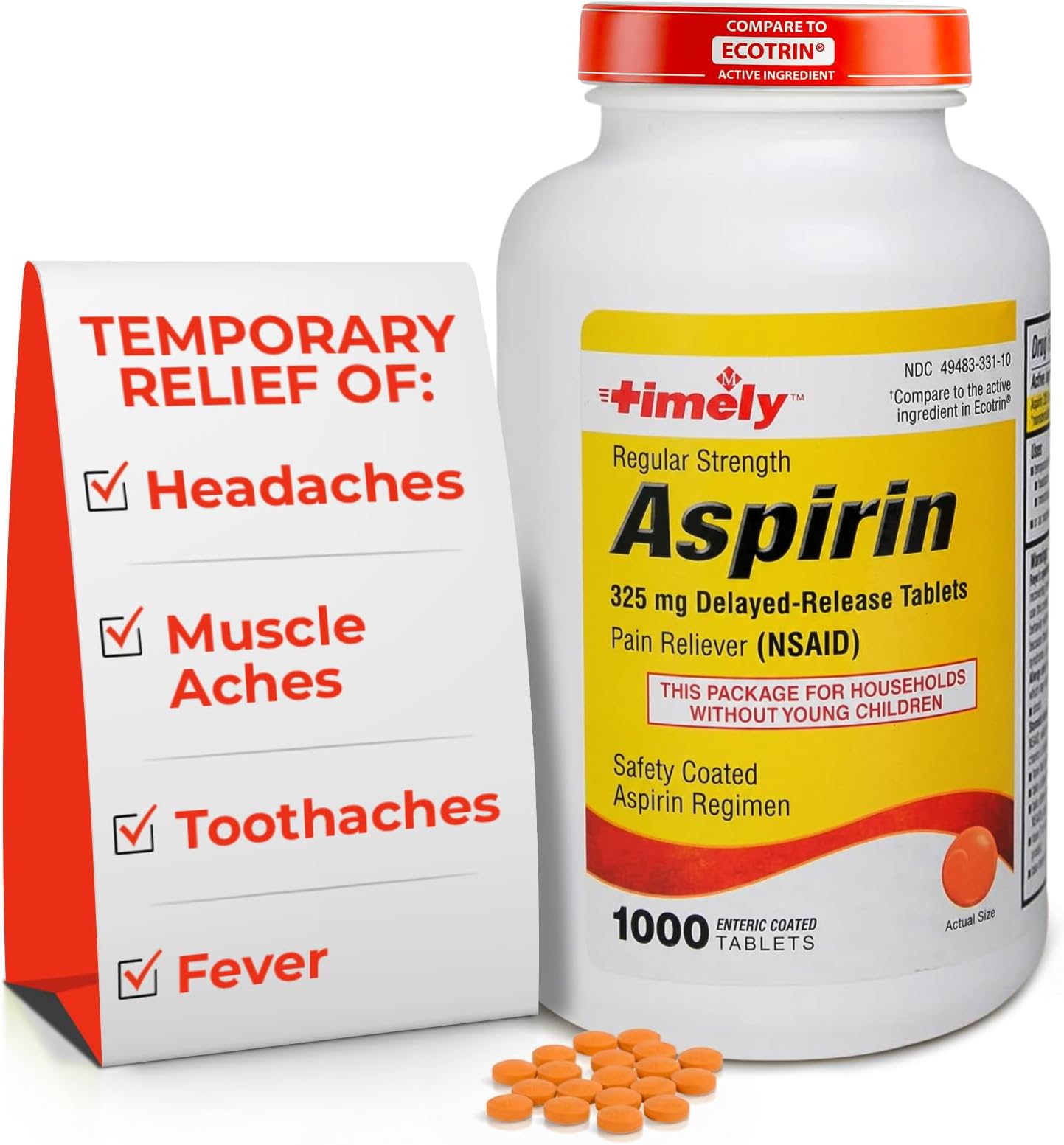 Timely by Time Cap Labs - Aspirin 325mg Enteric Safety Coated Tablets – 1000 Ct.