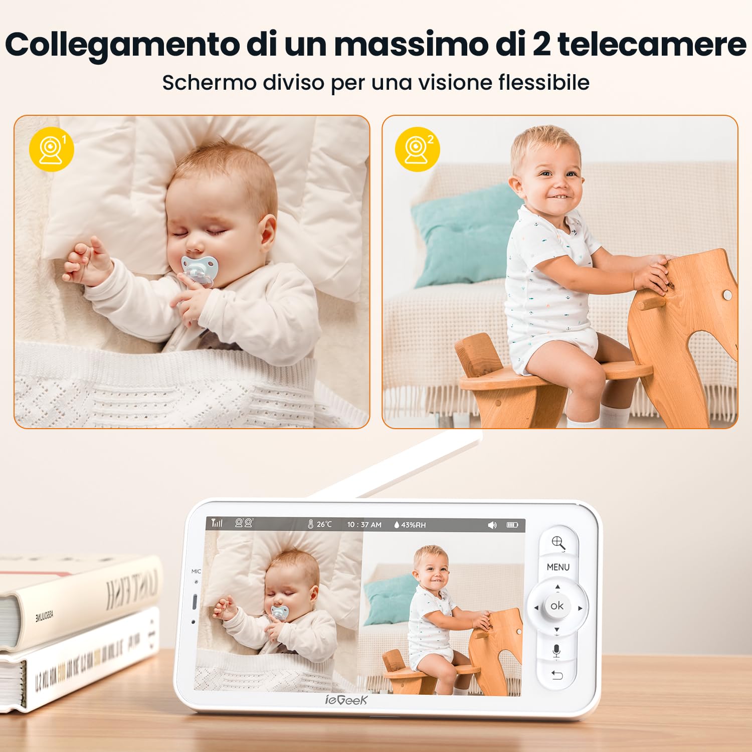 ieGeek Cámara Vigilancia Bebes 5" 2K/3MP, Baby Monitor con Vista 360° PTZ, Detección Movimiento y Llanto, Audio Bidireccional, Visión Nocturna, Temperatura, Regalo Recién Nacidos