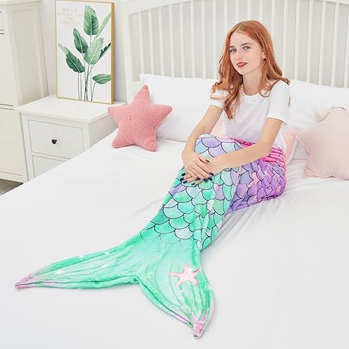 Vista 5 de WERNNSAI Manta de cola de sirena, Rosa y verde