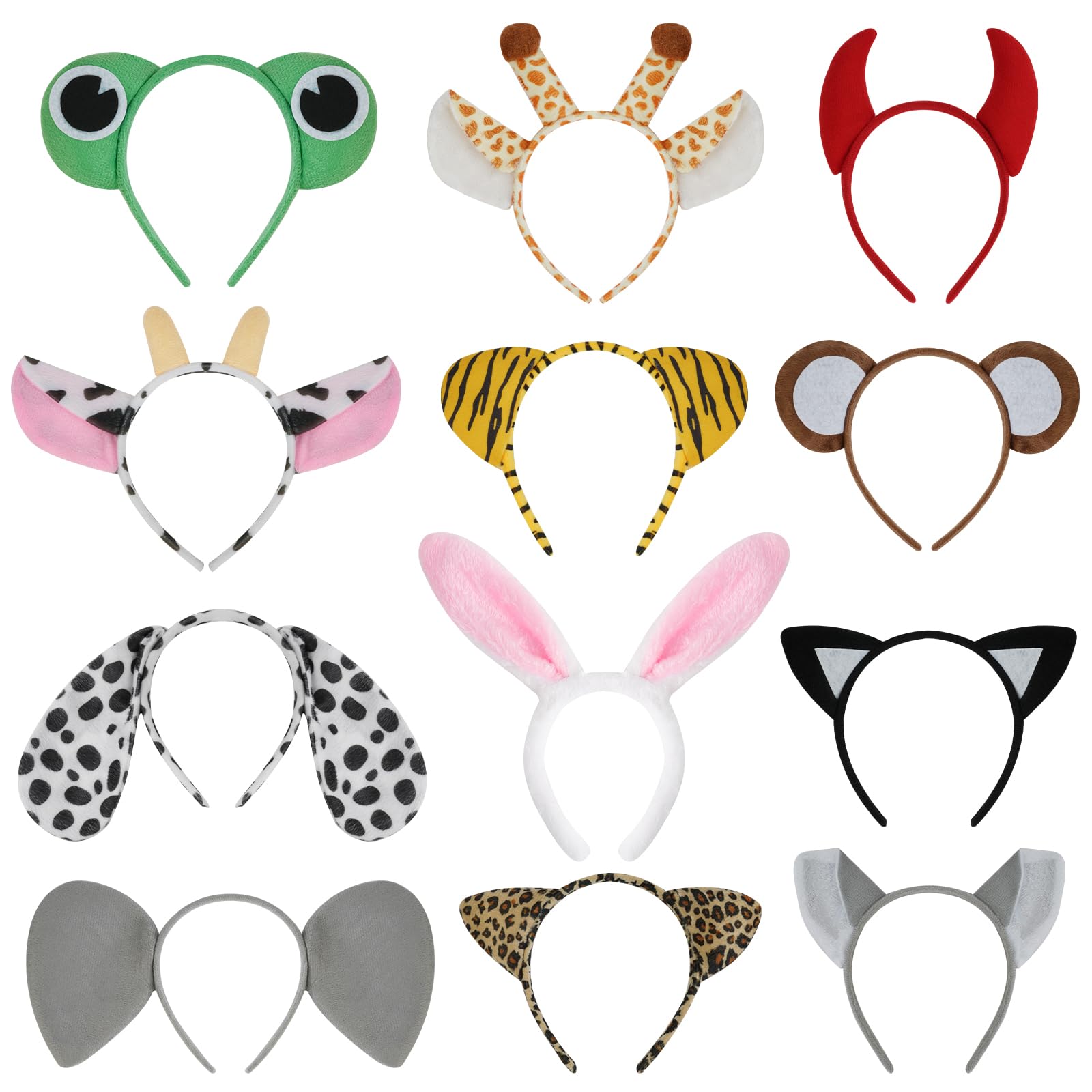 AYBUY 12 Pcs Multicolour Animal Ear Headbands, Cute & Fun Cartoon Animal Themed Headbands for Kids & Adults, Perfect for Parties, Halloween, Carnival & Gifting