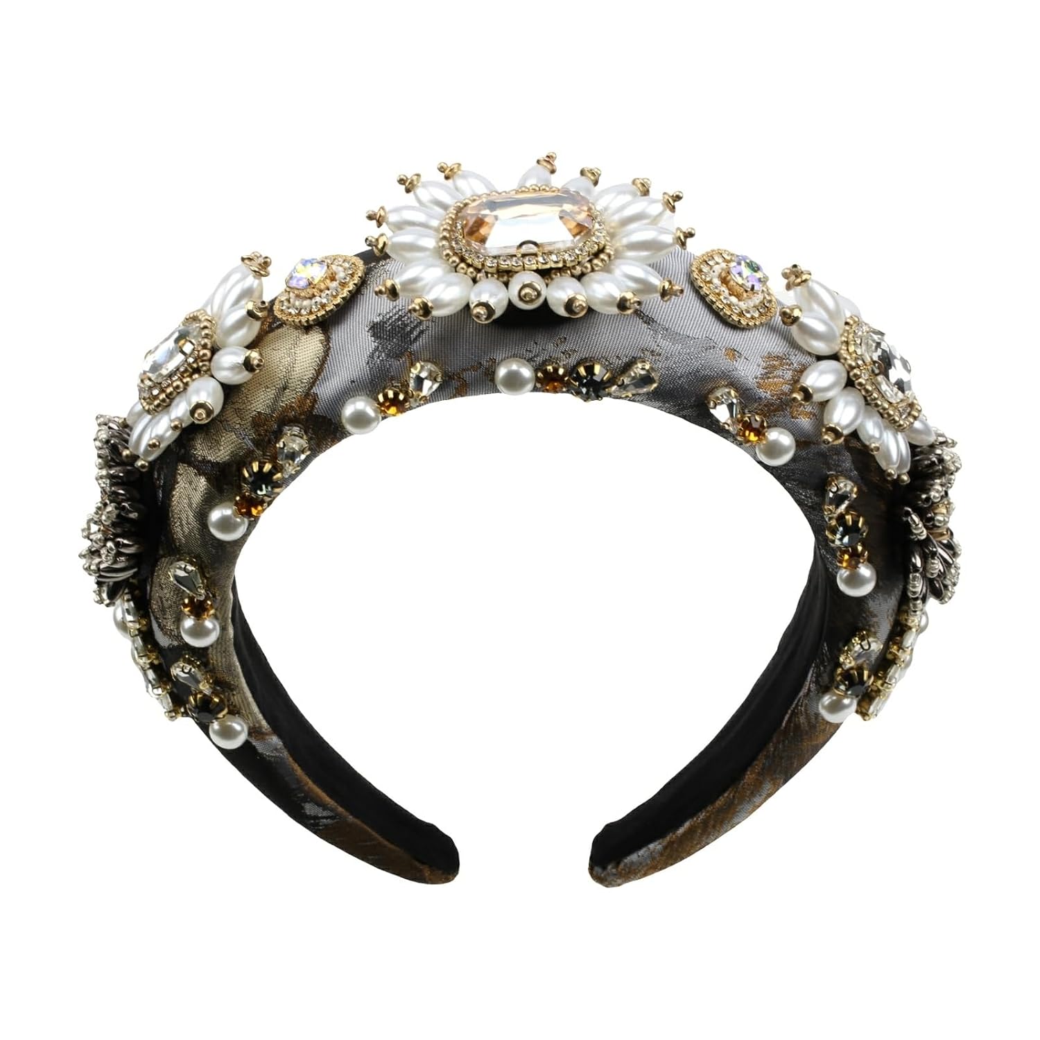 Luxury Flower Simulated Pearl Headband for Women Chunky Crystal Bead Stone Banquet Hairband Decorative Jeweled Hair Band Accessories (HDDY1083-grey)