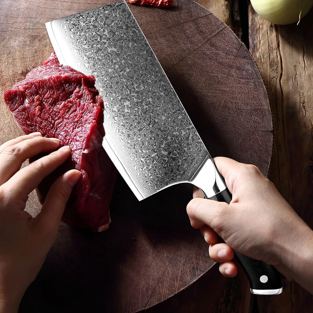 Meat Cleaver,Cleaver Knife 7 Inch Damascus Knife Professional Chef Butcher Knife 67 Layers Damascus Steel Kitchen Knife G10 Handle Cleaver Santoku Knife