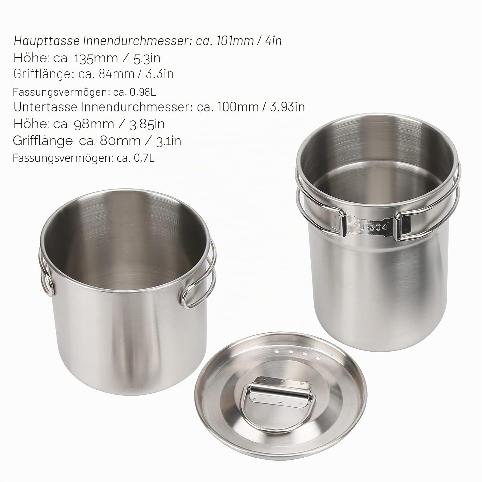 Küchentasse aus Edelstahl, 2-teilig, Küchentasse aus Edelstahl, faltbar, für den Außenbereich, Camp Cook Topf, Camping, Kochgeschirr
