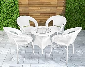 Amazon Brand - Solimo HDPE Rattan 4 Seater Patio Seating Set | Outdoor Furniture 4 Chairs with 1 Glass Top Table | Coffee Table Set for Balcony, Garden, Terrace, Indoor, Outdoor Use (White)
