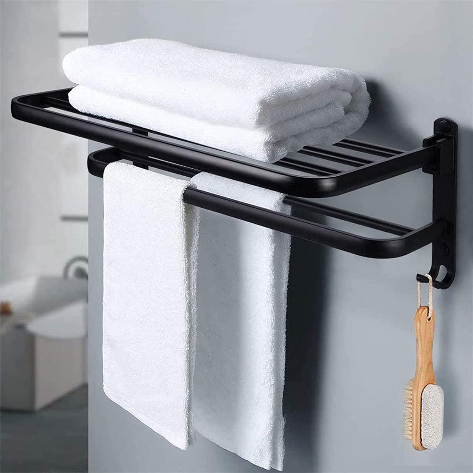 VASDEV Portasciugamani Nero, mensola da Bagno Multifunzionale Portasciugamani da Parete in Lega di Alluminio Adatto per Cucina e Bagno (Perforazione, Non è Necessario forare Doppio Scopo)