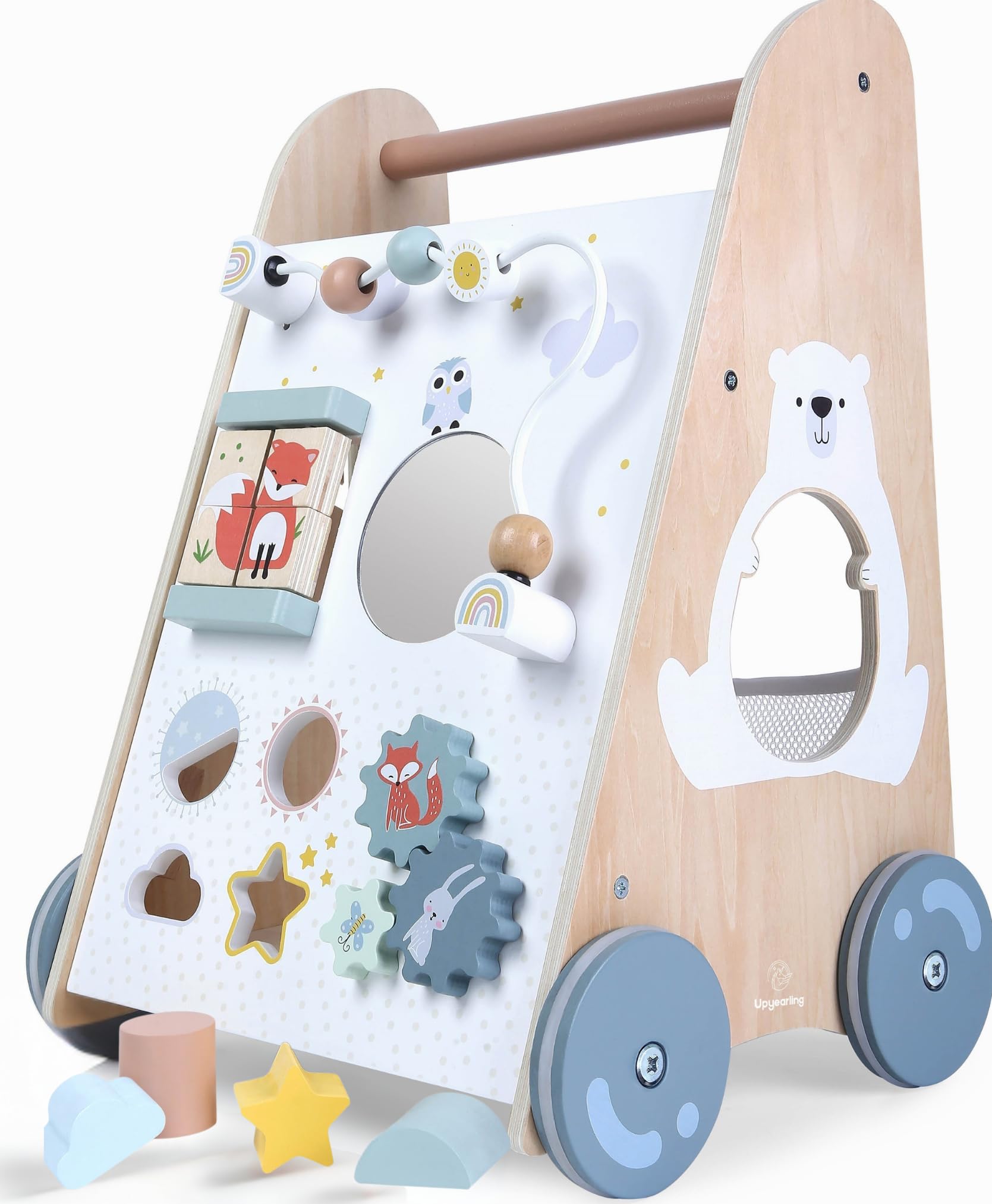 Wooden Baby Walker with Activity Center - Both Standing and Push Options - For Infants 10 to 12 months and Toddlers 1 Year Old and Up - Learn to Walk
