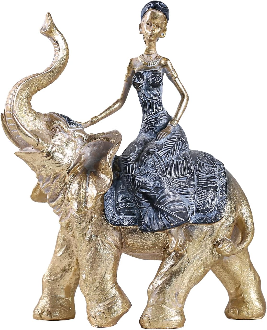 Decorative Elephant Figurine with Rider, Gold and Navy Blue, Tropical Leaf Pattern, Home Decor Statue